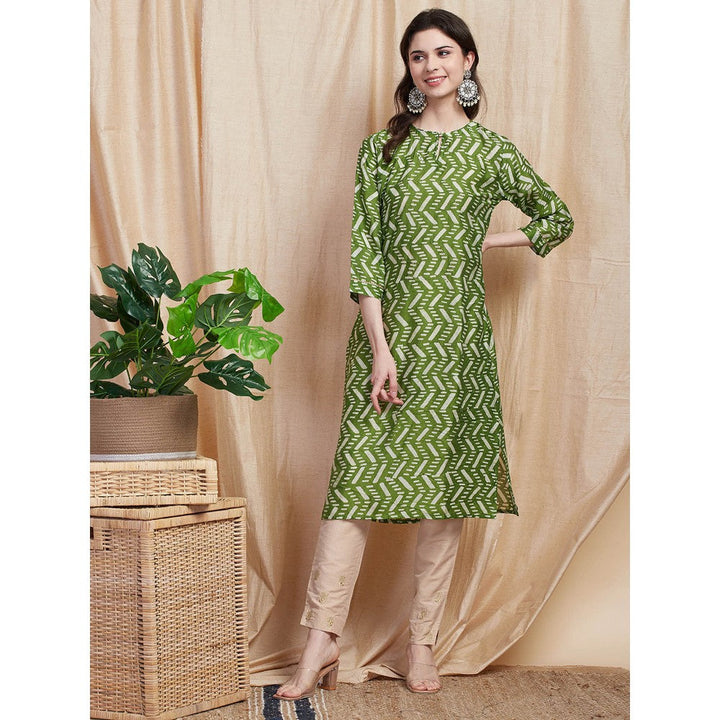 FASHOR Printed Zari Embroidered Kurta - Green