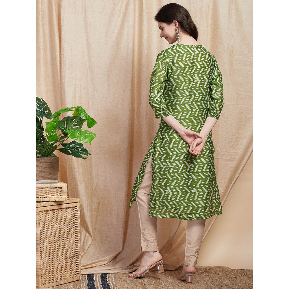 FASHOR Printed Zari Embroidered Kurta - Green