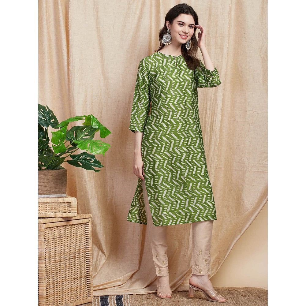 FASHOR Printed Zari Embroidered Kurta - Green