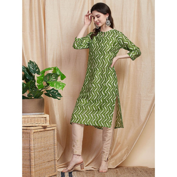 FASHOR Printed Zari Embroidered Kurta - Green