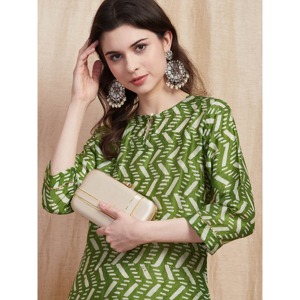 FASHOR Printed Zari Embroidered Kurta - Green