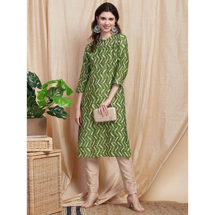 FASHOR Printed Zari Embroidered Kurta - Green