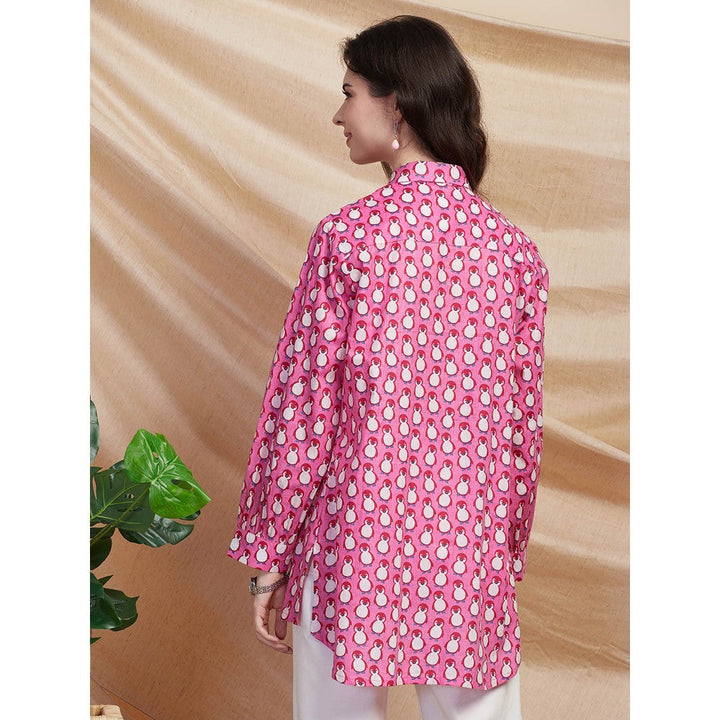 FASHOR Quirky Penguin Printed Gathered High Low Shirt - Pink