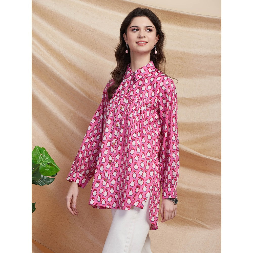 FASHOR Quirky Penguin Printed Gathered High Low Shirt - Pink