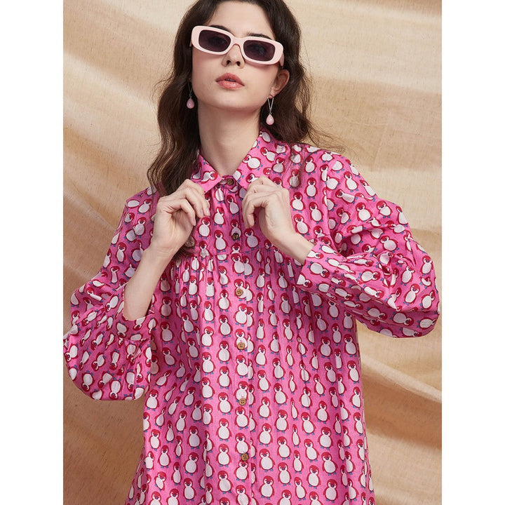 FASHOR Quirky Penguin Printed Gathered High Low Shirt - Pink