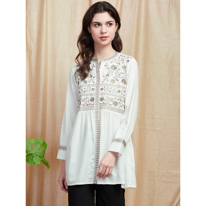 FASHOR Resham Embroidered Pleated Kurti - White