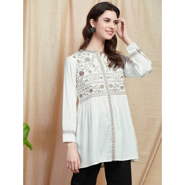 FASHOR Resham Embroidered Pleated Kurti - White