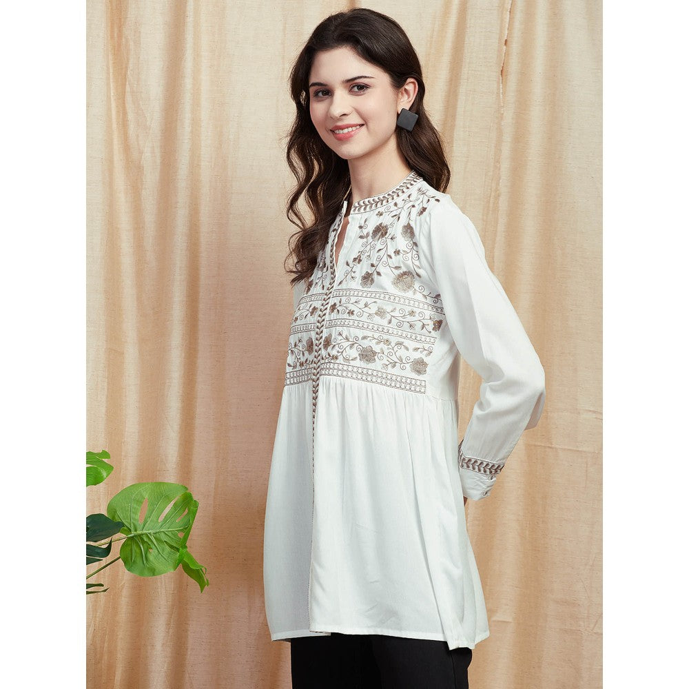 FASHOR Resham Embroidered Pleated Kurti - White