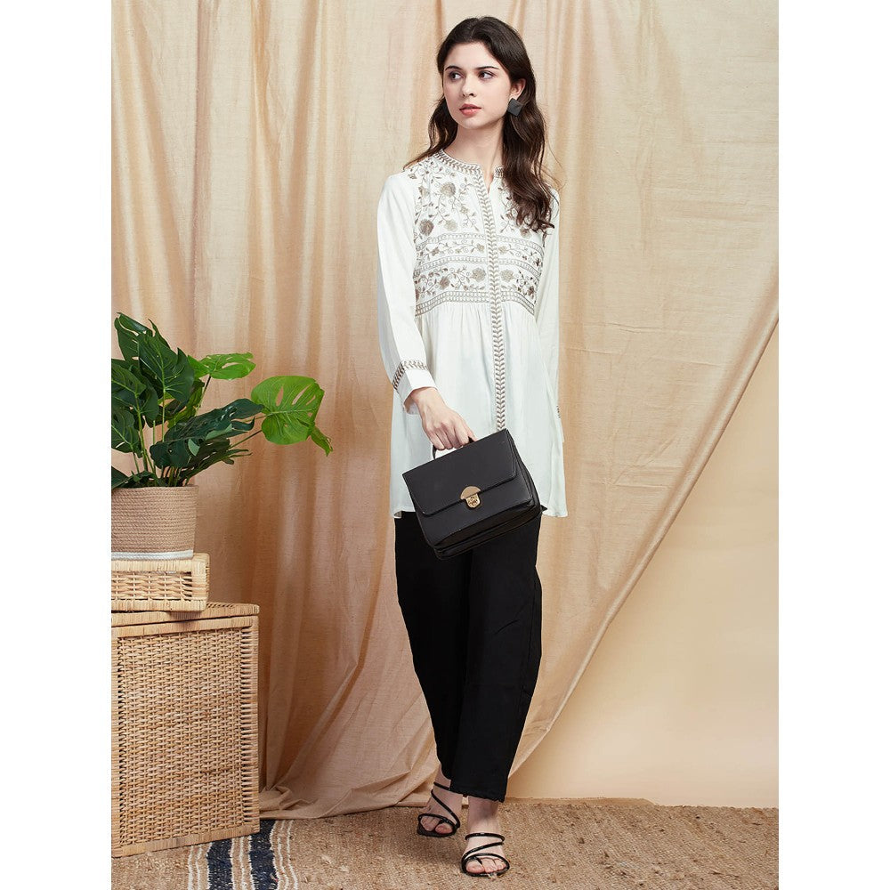 FASHOR Resham Embroidered Pleated Kurti - White