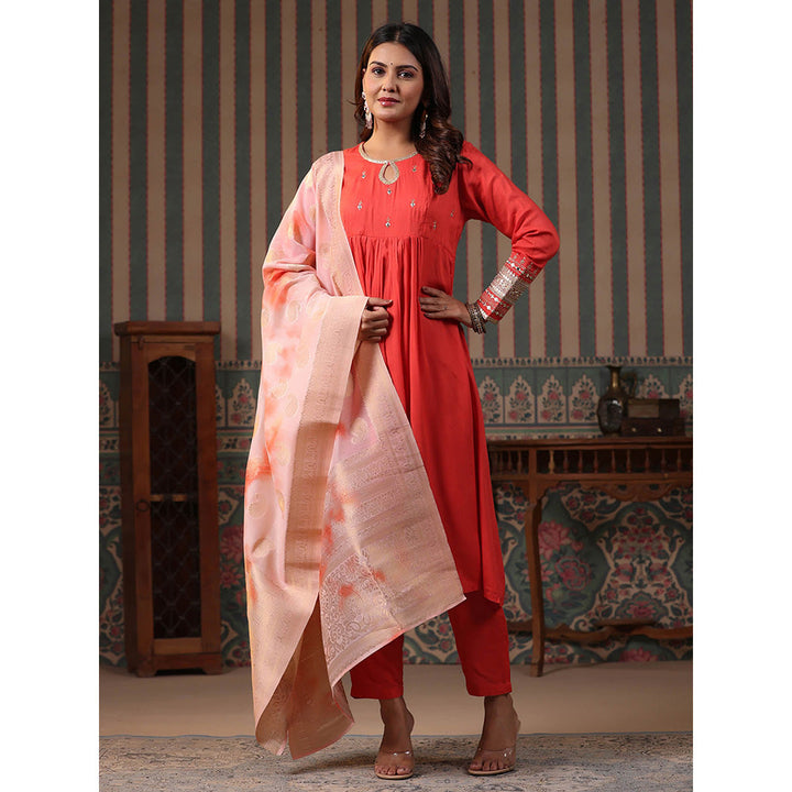 FASHOR Embroidered Kurta with Pant & Dupatta - Coral (Set of 3)