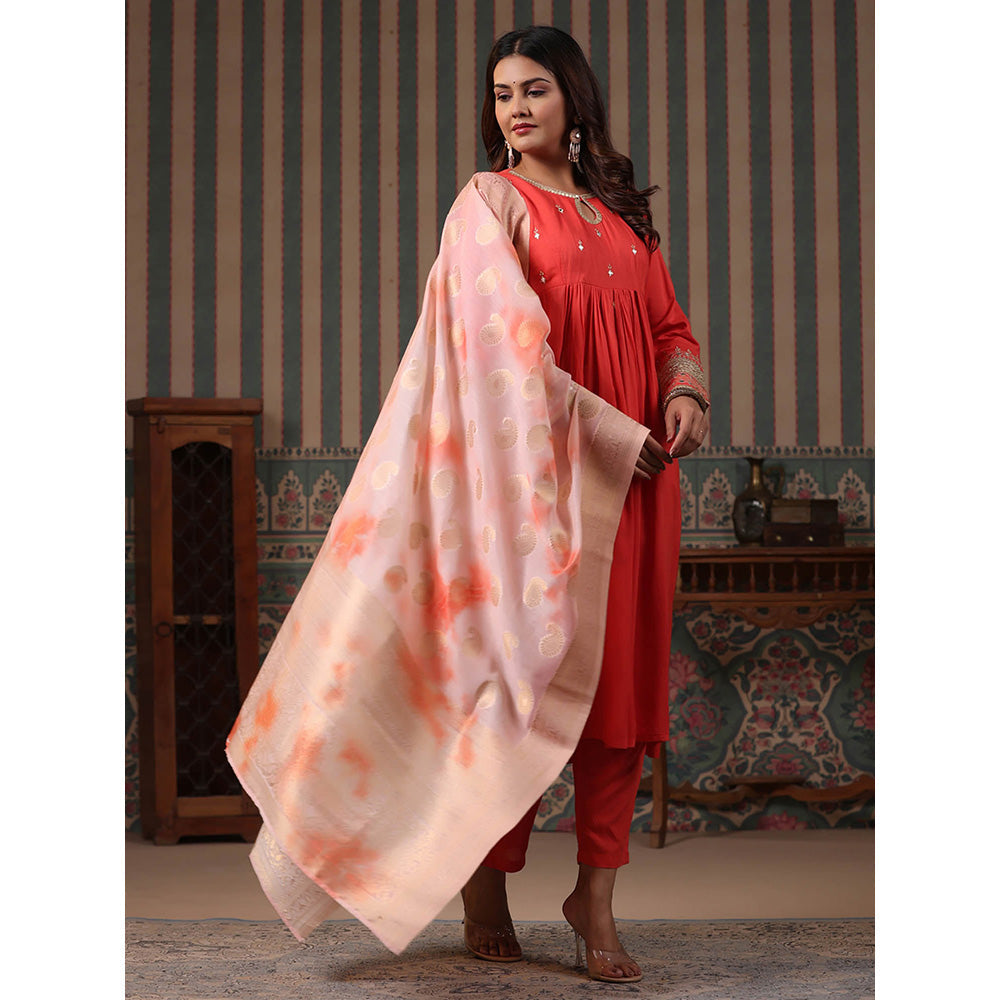 FASHOR Embroidered Kurta with Pant & Dupatta - Coral (Set of 3)