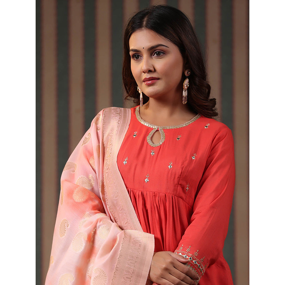 FASHOR Embroidered Kurta with Pant & Dupatta - Coral (Set of 3)