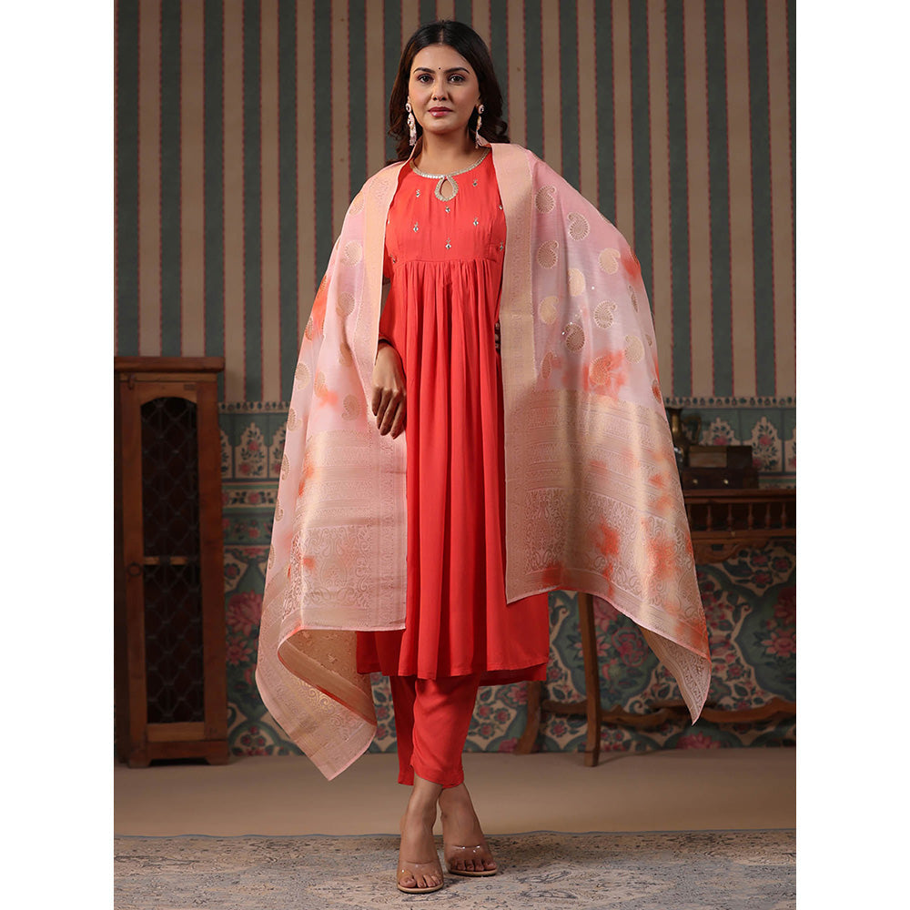 FASHOR Embroidered Kurta with Pant & Dupatta - Coral (Set of 3)