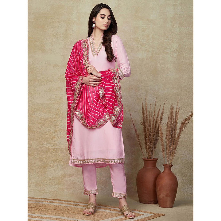 FASHOR Embroidered Kurta with Pant & Dupatta - Pink (Set of 3)