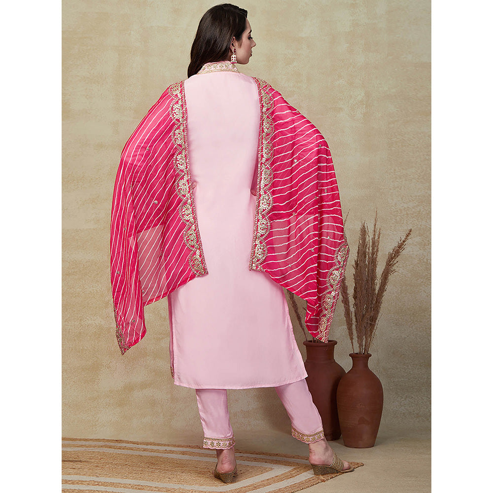 FASHOR Embroidered Kurta with Pant & Dupatta - Pink (Set of 3)