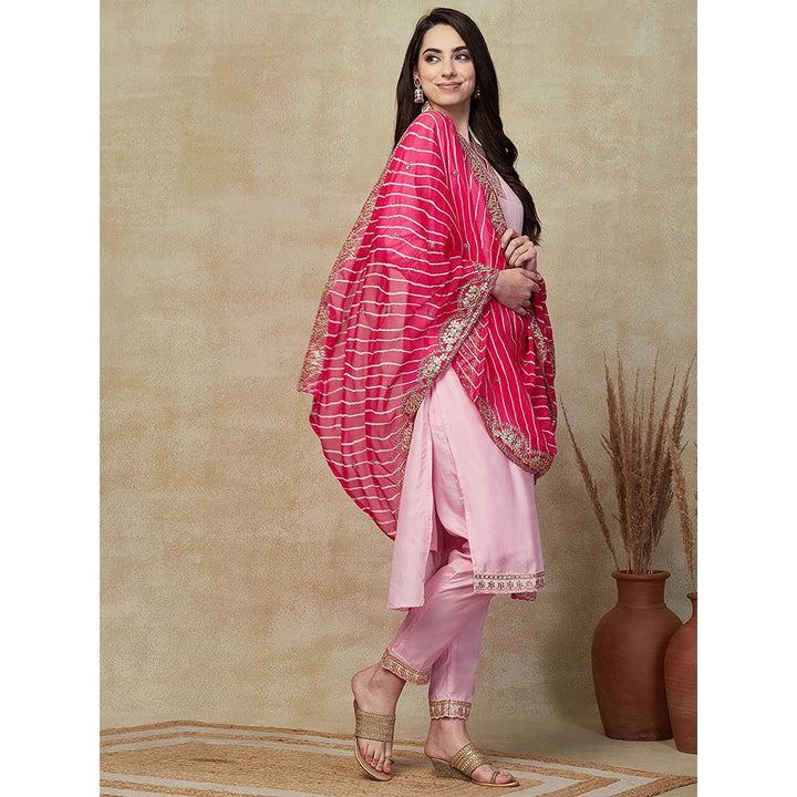 FASHOR Embroidered Kurta with Pant & Dupatta - Pink (Set of 3)