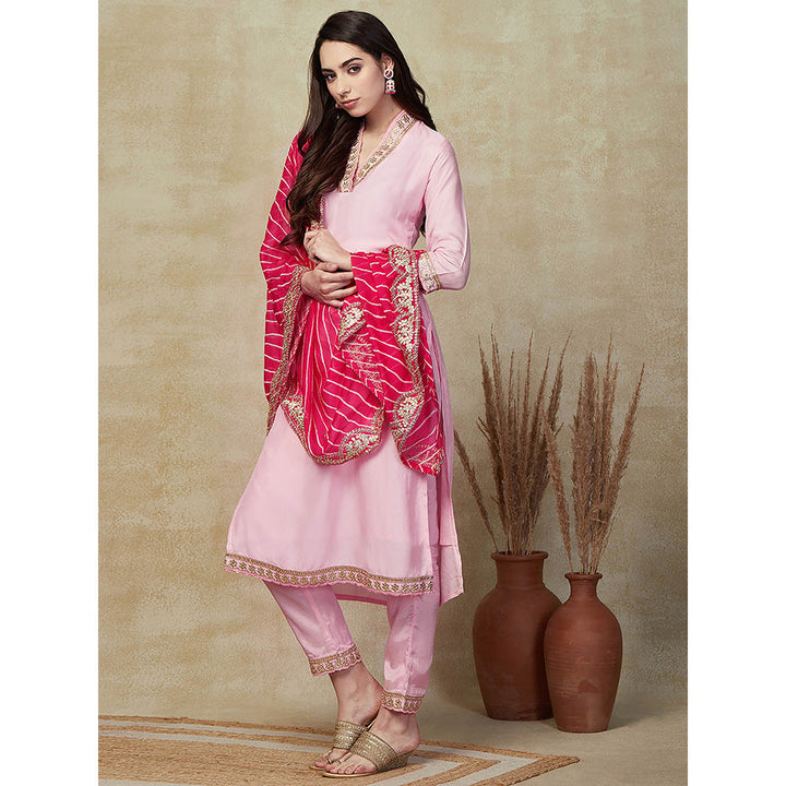 FASHOR Embroidered Kurta with Pant & Dupatta - Pink (Set of 3)