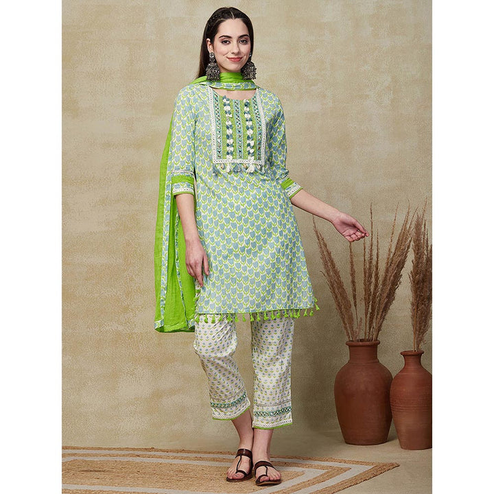 FASHOR Printed Embroidered Kurta with Pant & Dupatta - Green (Set of 3)