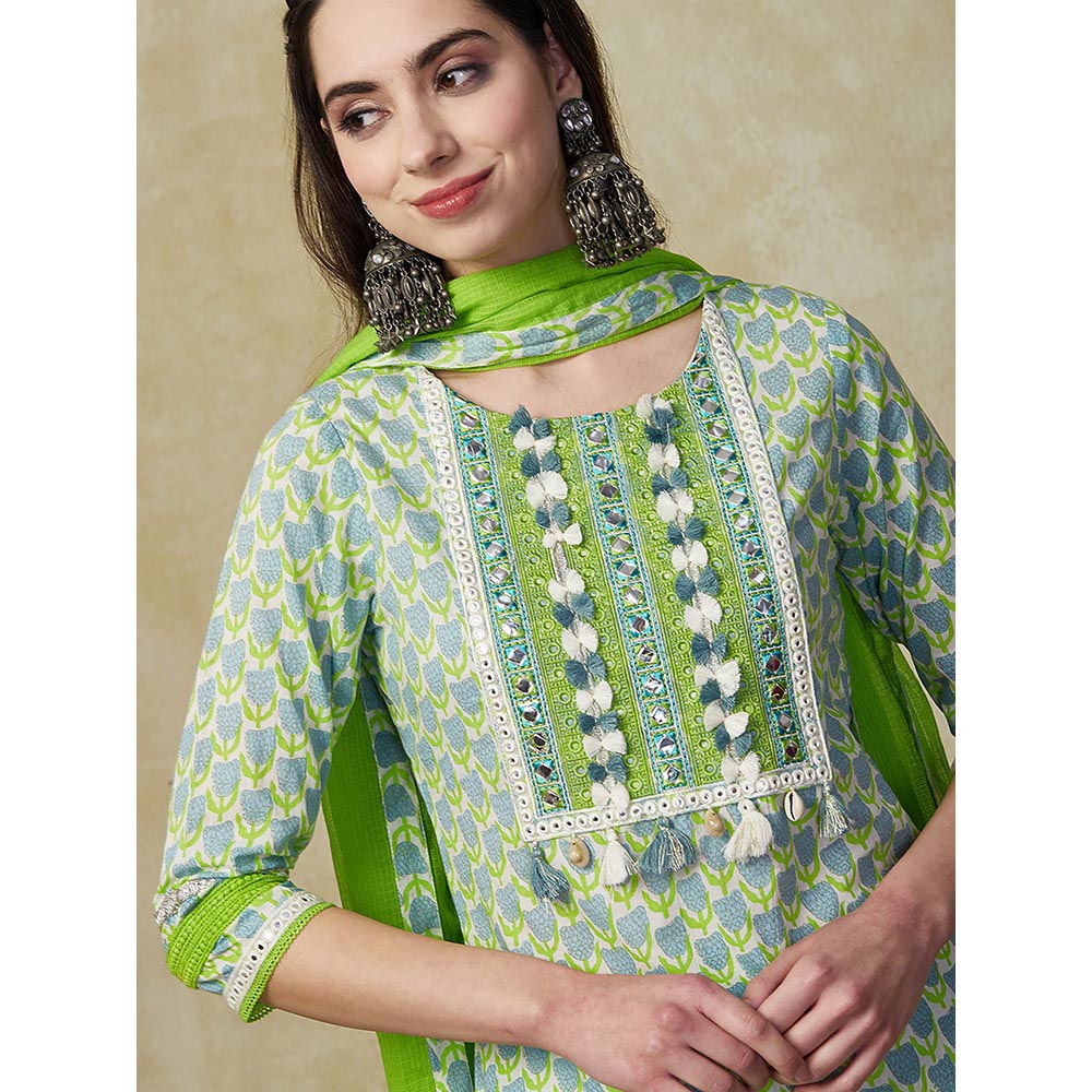 FASHOR Printed Embroidered Kurta with Pant & Dupatta - Green (Set of 3)