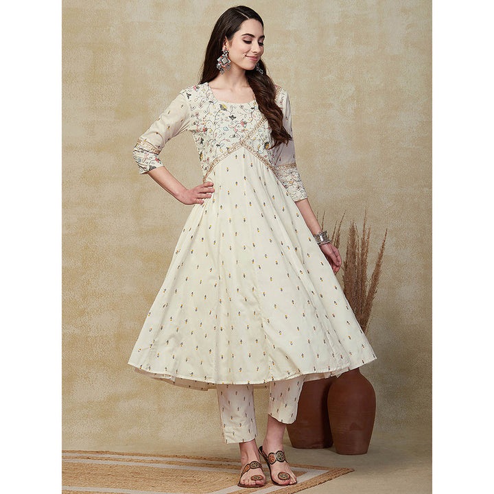 FASHOR Floral Embroidered Anarkali Kurta with Pant - Off White (Set of 2)