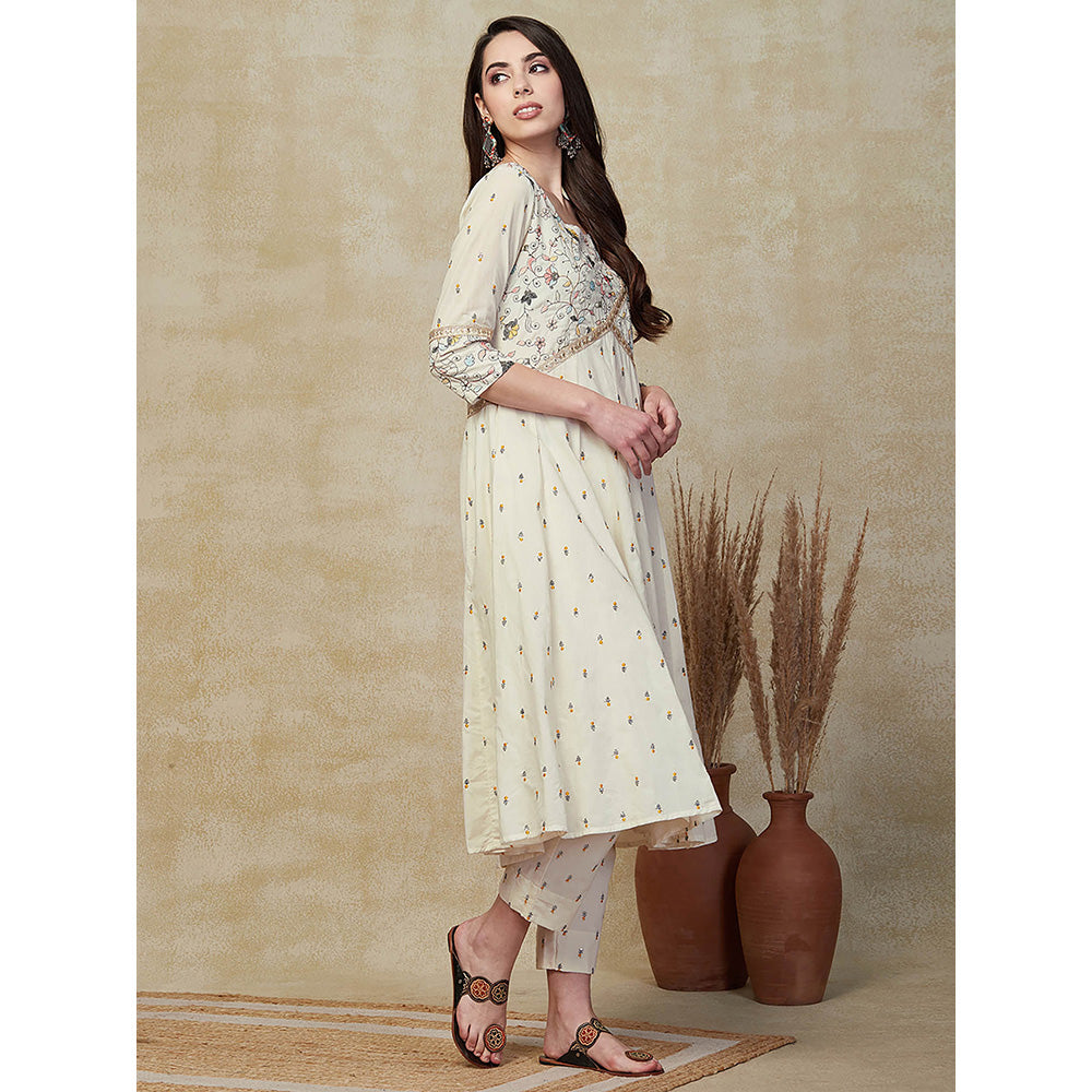 FASHOR Floral Embroidered Anarkali Kurta with Pant - Off White (Set of 2)