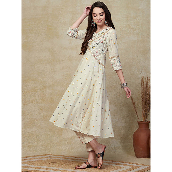 FASHOR Floral Embroidered Anarkali Kurta with Pant - Off White (Set of 2)