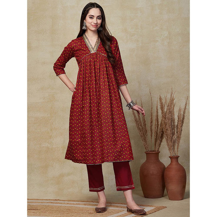 FASHOR Floral Printed Embroidered Kurta with Pant - Maroon (Set of 2)