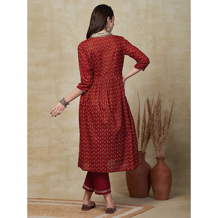 FASHOR Floral Printed Embroidered Kurta with Pant - Maroon (Set of 2)