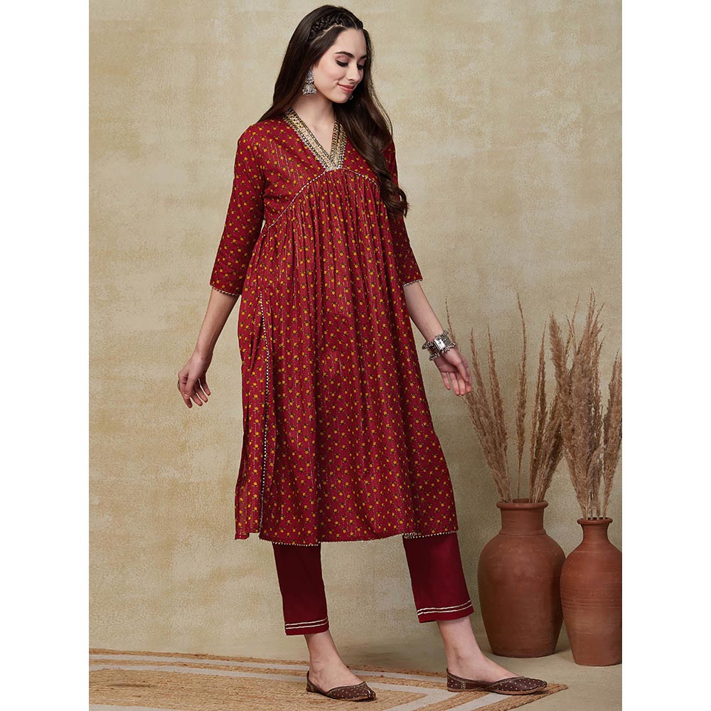 FASHOR Floral Printed Embroidered Kurta with Pant - Maroon (Set of 2)