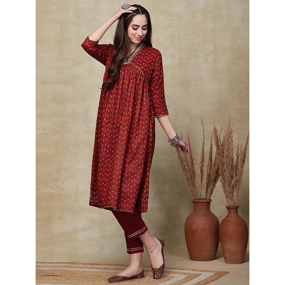 FASHOR Floral Printed Embroidered Kurta with Pant - Maroon (Set of 2)
