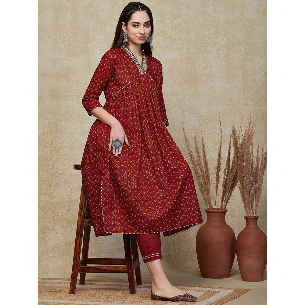 FASHOR Floral Printed Embroidered Kurta with Pant - Maroon (Set of 2)