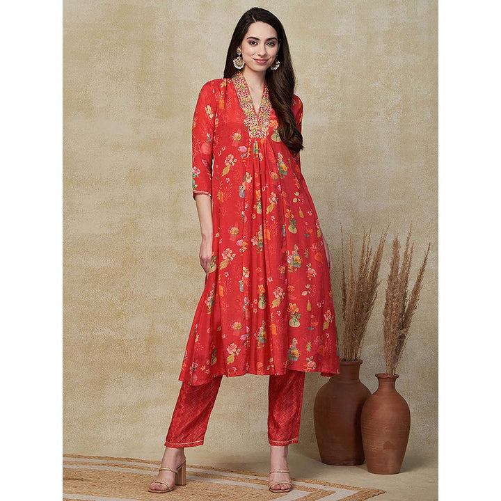 FASHOR Floral Printed Embroidered Kurta with Pant - Red (Set of 2)