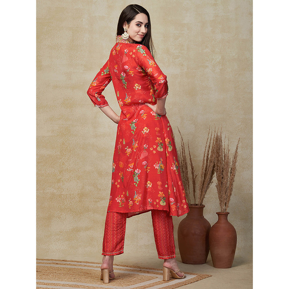 FASHOR Floral Printed Embroidered Kurta with Pant - Red (Set of 2)