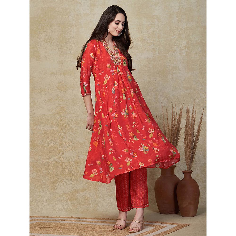 FASHOR Floral Printed Embroidered Kurta with Pant - Red (Set of 2)