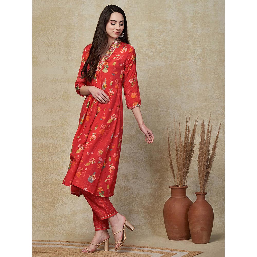 FASHOR Floral Printed Embroidered Kurta with Pant - Red (Set of 2)