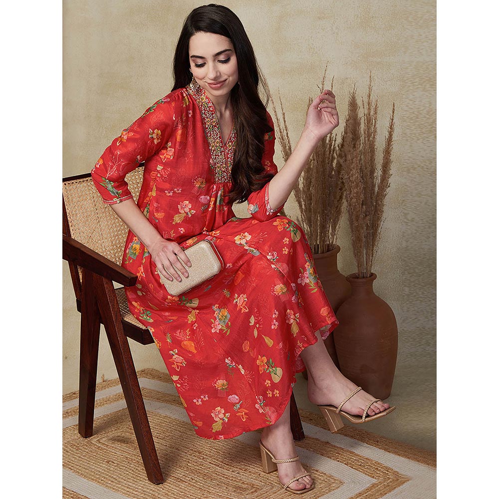 FASHOR Floral Printed Embroidered Kurta with Pant - Red (Set of 2)