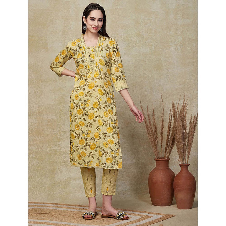 FASHOR Floral Printed Embroidered Kurta with Pants - Yellow (Set of 2)