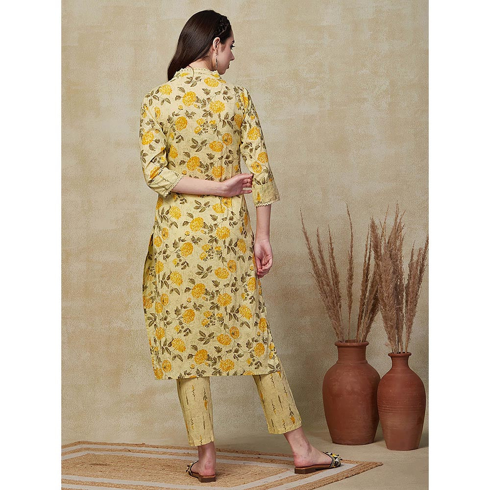 FASHOR Floral Printed Embroidered Kurta with Pants - Yellow (Set of 2)