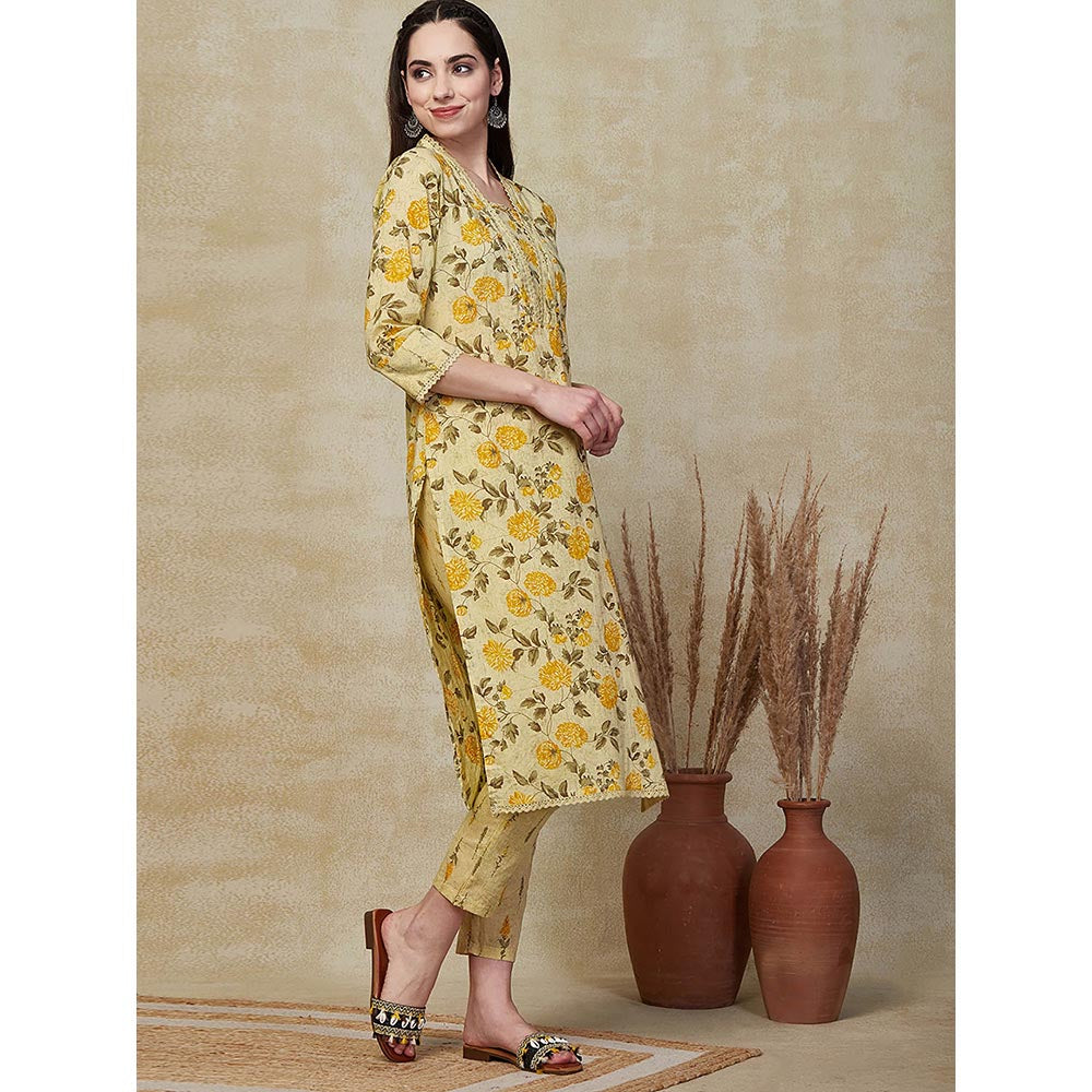 FASHOR Floral Printed Embroidered Kurta with Pants - Yellow (Set of 2)