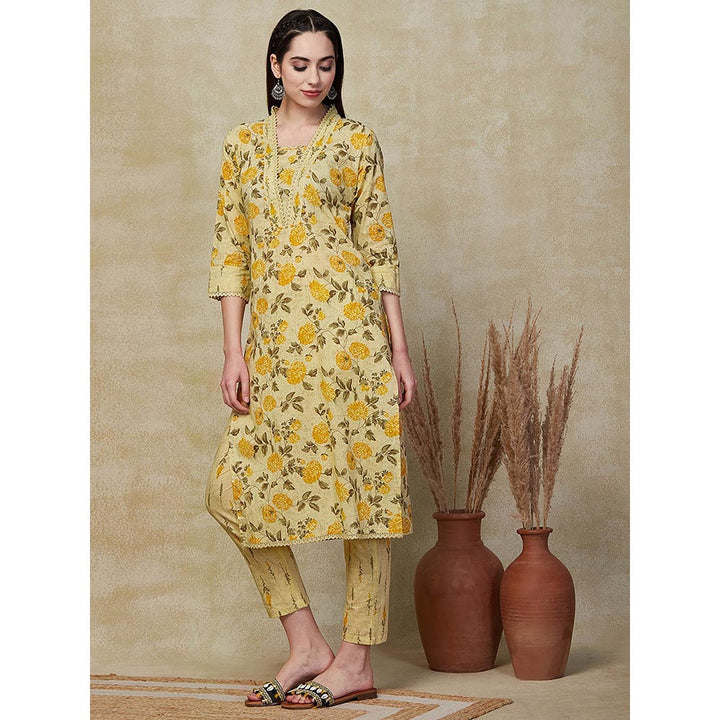 FASHOR Floral Printed Embroidered Kurta with Pants - Yellow (Set of 2)