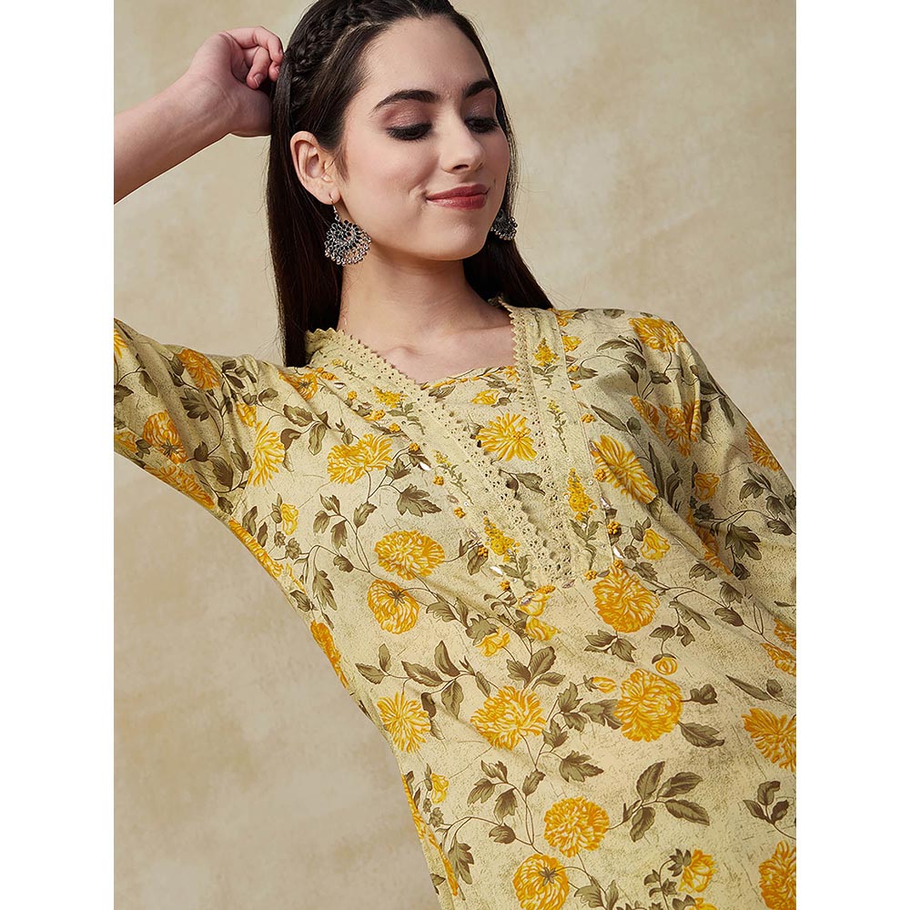 FASHOR Floral Printed Embroidered Kurta with Pants - Yellow (Set of 2)