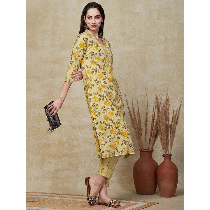 FASHOR Floral Printed Embroidered Kurta with Pants - Yellow (Set of 2)