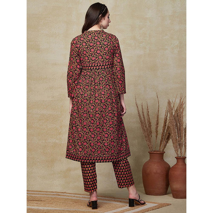 FASHOR Floral Printed & Embroidered Kurta with Pant - Black (Set of 2)