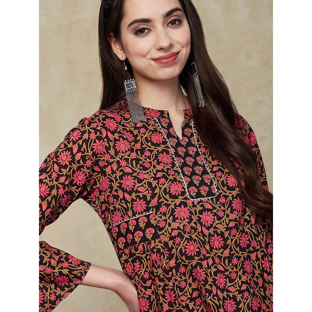 FASHOR Floral Printed & Embroidered Kurta with Pant - Black (Set of 2)