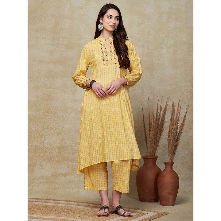 FASHOR Stripes Printed Embroidered Kurta with Palazzo - Yellow (Set of 2)