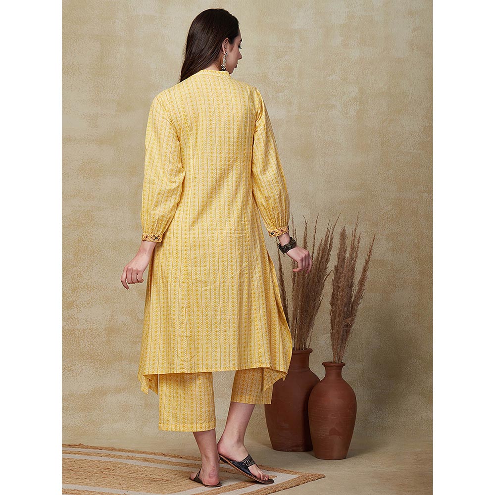 FASHOR Stripes Printed Embroidered Kurta with Palazzo - Yellow (Set of 2)