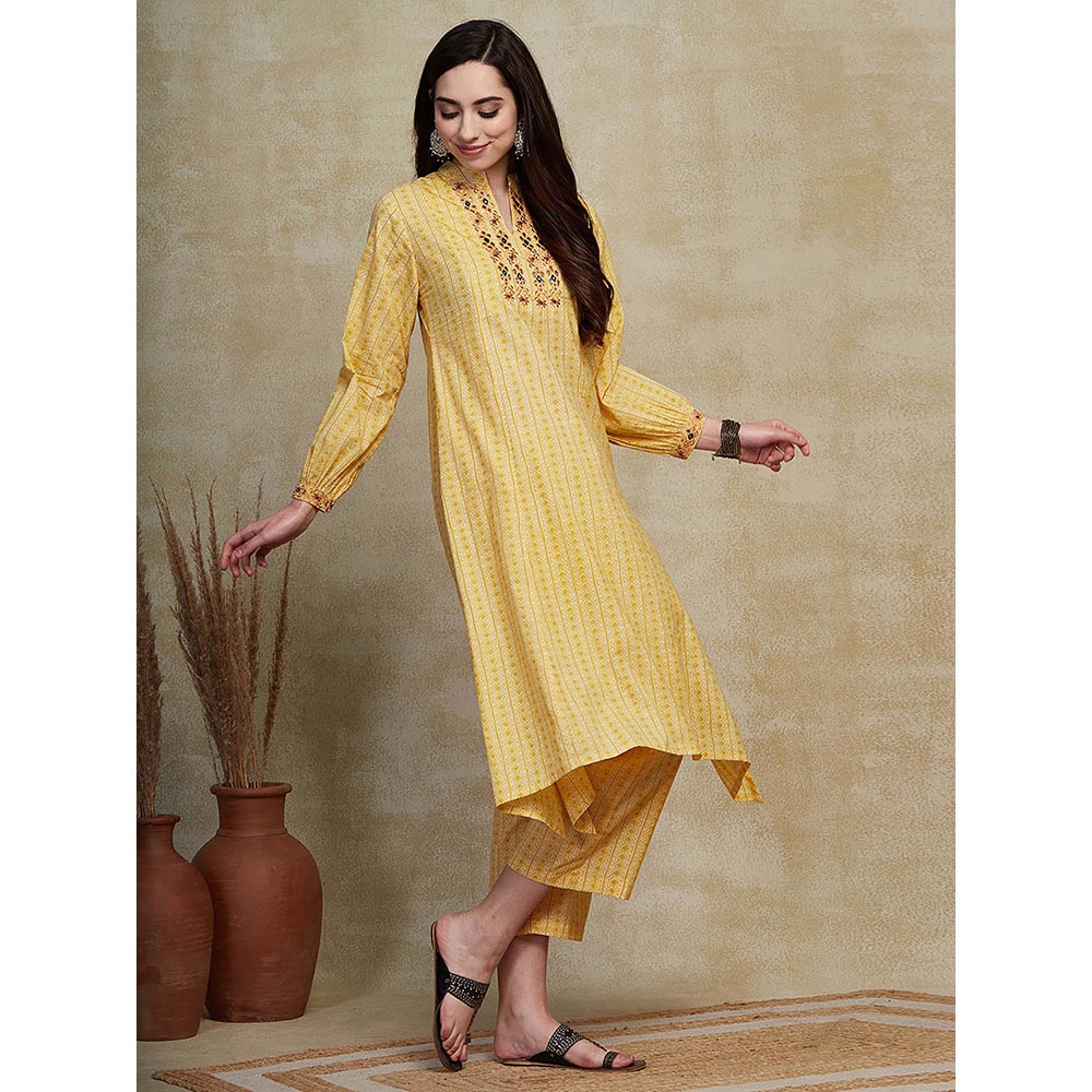 FASHOR Stripes Printed Embroidered Kurta with Palazzo - Yellow (Set of 2)