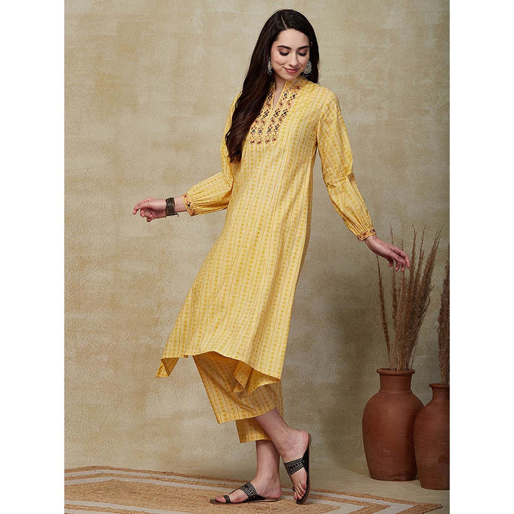 FASHOR Stripes Printed Embroidered Kurta with Palazzo - Yellow (Set of 2)