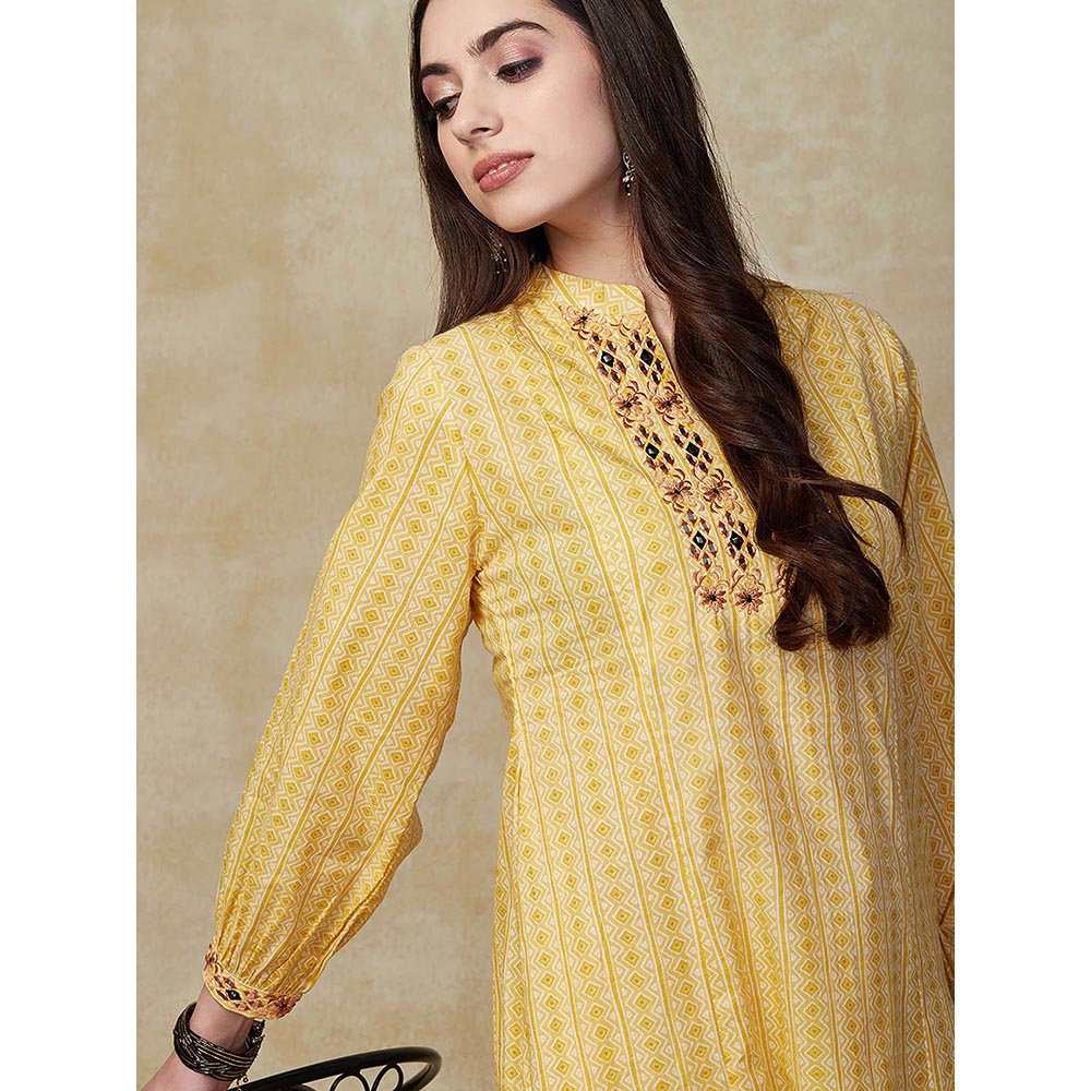 FASHOR Stripes Printed Embroidered Kurta with Palazzo - Yellow (Set of 2)