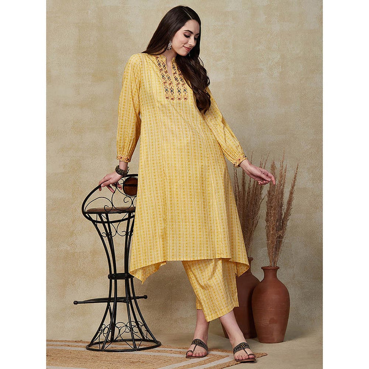 FASHOR Stripes Printed Embroidered Kurta with Palazzo - Yellow (Set of 2)